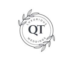 plantilla de logotipos de monograma de boda con letras iniciales qt, plantillas florales y minimalistas modernas dibujadas a mano para tarjetas de invitación, guardar la fecha, identidad elegante. vector