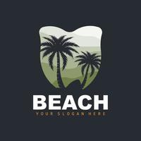 logo de árbol de coco con ambiente de playa, vector de planta de playa, diseño de vista de puesta de sol