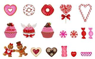 set of isolated valentine's day sweets. collection of valentine candies and cakes vector