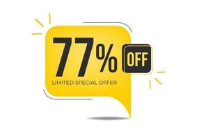 77 off limited special offer. Banner with seventy-seven percent discount on a yellow square balloon. vector