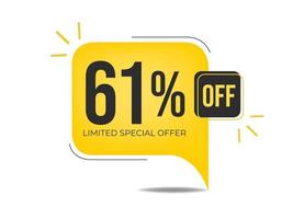 61 off limited special offer. Banner with sixty-one percent discount on a yellow balloon. vector