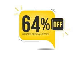 64 off limited special offer. Banner with sixty-four percent discount on a yellow balloon. vector