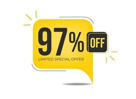 97 off limited special offer. Banner with ninety-seven percent discount on a yellow square balloon. vector