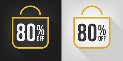 80 off. Black, white and yellow banner with eighty percent discount. Shopping bag concept vector. vector