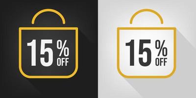 15 off. Black, white and yellow banner with fifteen percent discount. Shopping bag concept vector. vector