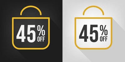 45 off. Black, white and yellow banner with forty-five percent discount. Shopping bag concept vector. vector