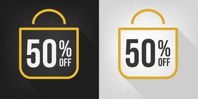 50 off. Black, white and yellow banner with fifty percent discount. Shopping bag concept vector. vector
