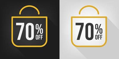 70 off. Black, white and yellow banner with seventy percent discount. Shopping bag concept vector. vector