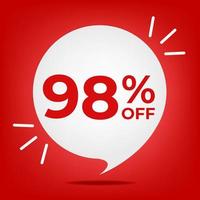 98 off. Banner with ninety-eight percent discount. White bubble on a red background vector. vector