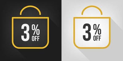 3 off. Black, white and yellow banner with three percent discount. Shopping bag concept vector. vector
