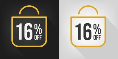 16 off. Black, white and yellow banner with sixteen percent discount. Shopping bag concept vector. vector