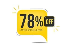 78 de descuento en oferta especial limitada. banner con setenta y ocho por ciento de descuento en un globo cuadrado amarillo. vector