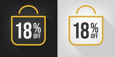 18 off. Black, white and yellow banner with eighteen percent discount. Shopping bag concept vector. vector