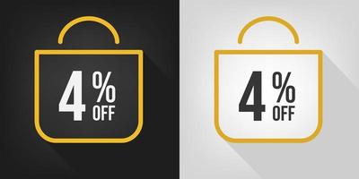 4 off. Black, white and yellow banner with four percent discount. Shopping bag concept vector. vector