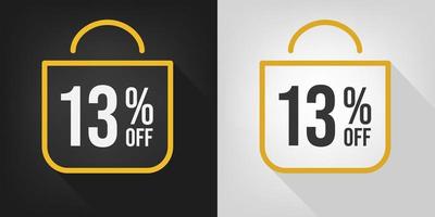 13 off. Black, white and yellow banner with thirty percent discount. Shopping bag concept vector. vector