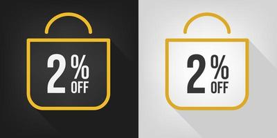 2 off. Black, white and yellow banner with two percent discount. Shopping bag concept vector. vector