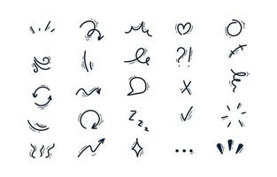 Set of hand-drawn cartoon expression sign doodle line stroke. Movement drawing effect, curve express directional arrows,character emotion symbols, emoticon effects design elements. vector