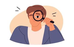 Finding Solutions concept. Business man is making research with a magnifying glass. Find technology idea. Flat vector illustration