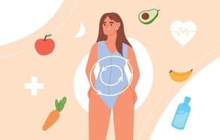 Diet and metabolism concept. Health food, dietary supplements, good digestion, female hormones, preventive medicine. Flat vector illustration