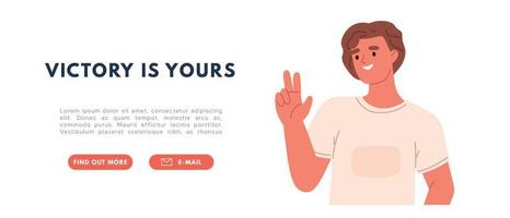 Happy man showing V sign, victory gesture with hands and two fingers. Person with peace signal. Male character emotions and expressions. Flat vector illustration