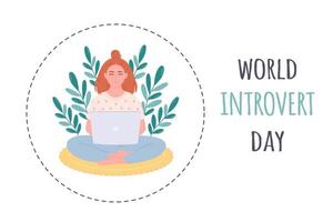 World Introvert Day. Woman sitting with laptop. Personal space concept. Introverts working space. vector