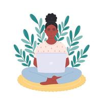Black woman sitting with laptop. Woman working on computer. Freelance, work from home, remote working vector