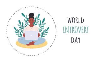 World Introvert Day. Woman sitting with laptop. Personal space concept. Introverts working space. vector