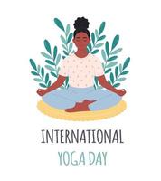 Black woman sitting in lotus pose and meditating on mat. World yoga day. Mental health care, relaxation, recreation, yoga practicing vector