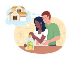 Young married couple saving for house 2D vector isolated illustration. Buy property. Expensive purchase flat characters on cartoon background. Colorful editable scene for mobile, website, presentation