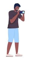 Young man taking pictures during trip semi flat color vector character. Editable figure. Full body person on white. Save moment simple cartoon style illustration for web graphic design and animation