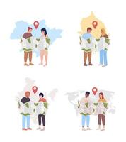 Couple trip 2D vector isolated illustration set. Vacation together. Consulting map flat characters on world map background. Colorful editable scene pack for mobile, website, presentation