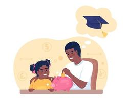 Savings for college costs 2D vector isolated illustration. Father planning daughter education flat characters on cartoon background. Colorful editable scene for mobile, website, presentation
