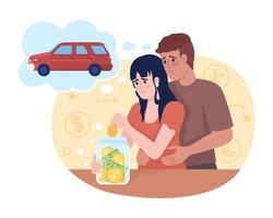 Saving for car 2D vector isolated illustration. Family budget. Auto loan. Financial goal flat characters on cartoon background. Colorful editable scene for mobile, website, presentation