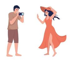 vacaciones de verano en los personajes vectoriales de color semiplano junto al mar. figura editable. personas de cuerpo completo en blanco. tomar fotografías ilustración de estilo de dibujos animados simple para diseño gráfico web y animación vector