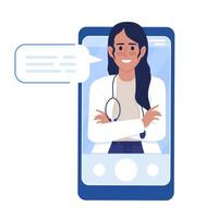 doctora en la ilustración de vector de concepto plano de teléfono inteligente. consulta en línea. personajes de dibujos animados 2d editables en blanco para el diseño web. idea creativa de telemedicina para sitio web, móvil, presentación