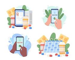 Online doctor 2D vector isolated illustration set. Taking medications regularly. Telehealth flat elements on cartoon background. Colorful editable scene for mobile, website, presentation