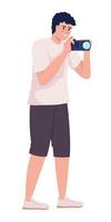 Young tourist taking photos semi flat color vector character. Editable figure. Full body person on white. Personal hobby simple cartoon style illustration for web graphic design and animation