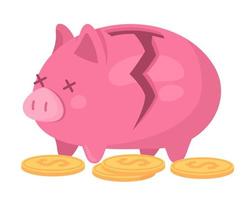 Broken piggy bank with coins semi flat color vector object. Editable element. Items on white. Lost savings. Financial trouble simple cartoon style illustration for web graphic design and animation