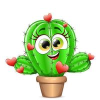 Funny cactus girl character in a pot, decorated with red hearts, stuck in thorns vector