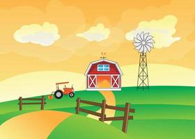 Field Mountain Landscape background barn buildings harvesting crops and tractors windmill illustration vector