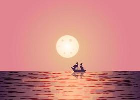 Beautiful sea background landscape at dusk light pink-orange tone There was a sailboat sailing in the middle of the sea in front of the big moon. vector