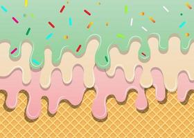 Green tea Ice Cream with Strawberry and Vanilla Melt On Waffle background sweet ice cream background vector