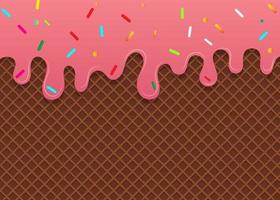 Strawberry ice cream and colorful toppings on waffle background Sweet Ice Cream Background Vector