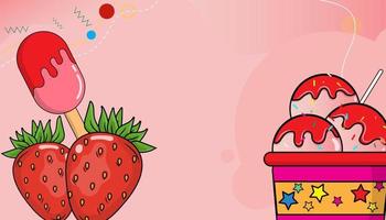 strawberry ice cream background topped with strawberry juice and ice cream sticks vector