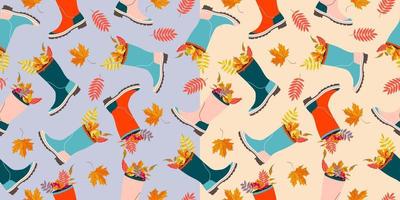 Autumn leaves in wellies pattern. Colorful seamless pattern design with two colors background. Fall mood atmosphere. Beautiful vector design for web and print