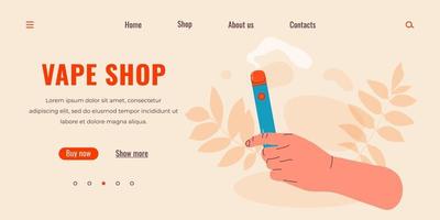 Vape shop colorful web page. Electronic cigarettes and vape. Modern vector illustration. Alternative smoking device. Flat vector design for web.