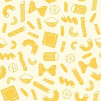 Italian pasta seamless pattern. Different types of Italian pasta. Spaghetti, Farfalle, penne, rigatoni, ravioli, fusilli,conchiglie, elbows, rotelle, orzo, paccheri illustration.