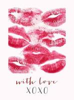 Romantic print with lips and text. Realistic lipstick print isolated on white. Modern postcard for romantic occasions. Trendy vector design for Valentines Day or wedding.