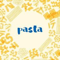 Italian pasta frame. Different types of Italian pasta. Spaghetti, farfalle, penne, rigatoni, ravioli, fusilli, conchiglie, elbows, rotelle, orzo, paccheri illustration.