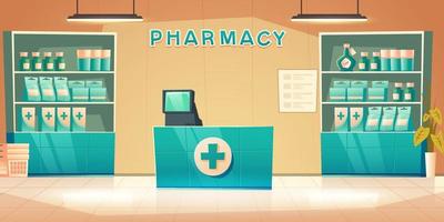 Pharmacy interior with counter and drug on shelves vector